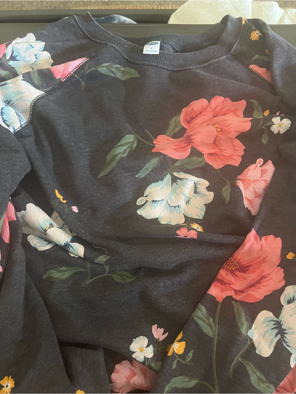 Floral Print Crewneck Sweater - Dark Grey with Pink & White Flowers